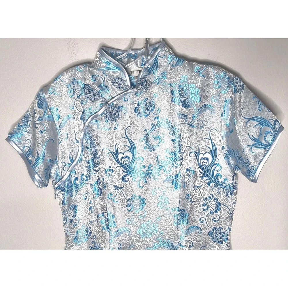 Whitby Cheongsam Dress Women Size 38 Silver Blue‎ Floral Brocade Qipao Maxi - Picture 4 of 12